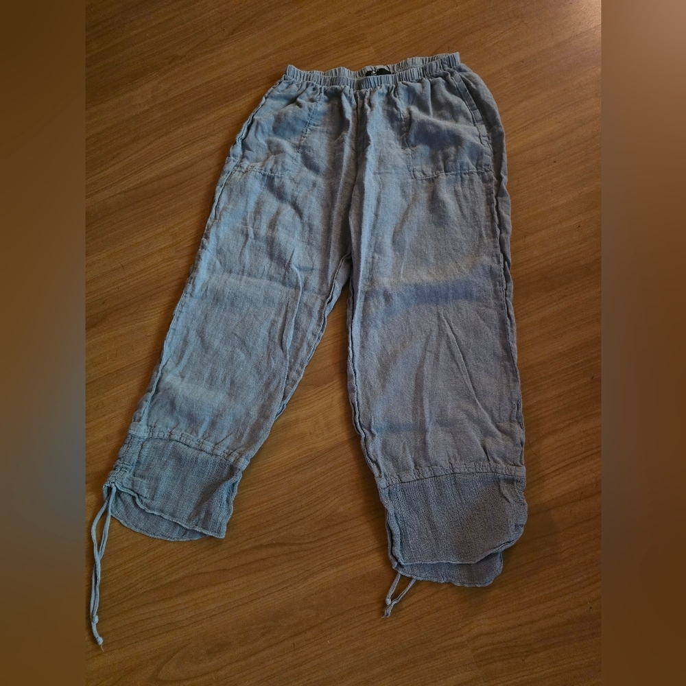 Fenini Small Casual Gray Drawstring Linen Pants